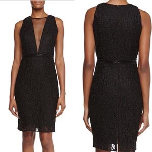 Carmen Marc Valvo Mesh Insert Lace Cocktail Dress sexy low cut neckline